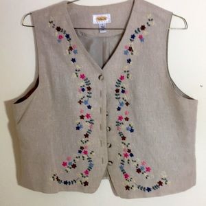 Linen/Cotton Tan Embroidered Vest by Talbot.